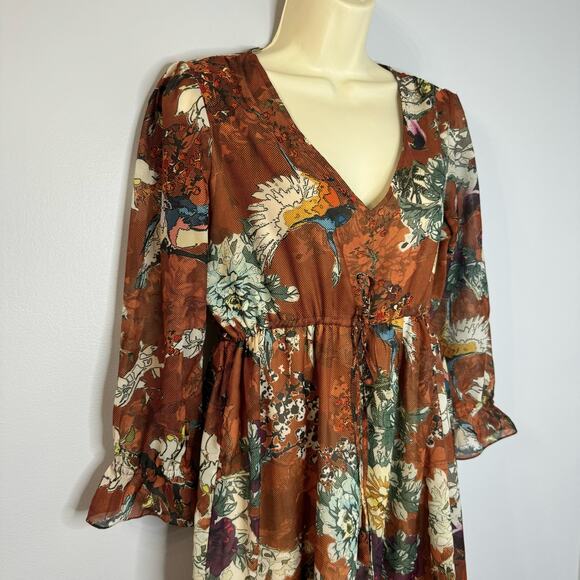 Anthropologie Hemant & Nandita Zeri Dress Brown Floral Tiered Ruffle Sleeve boho - Picture 6 of 15